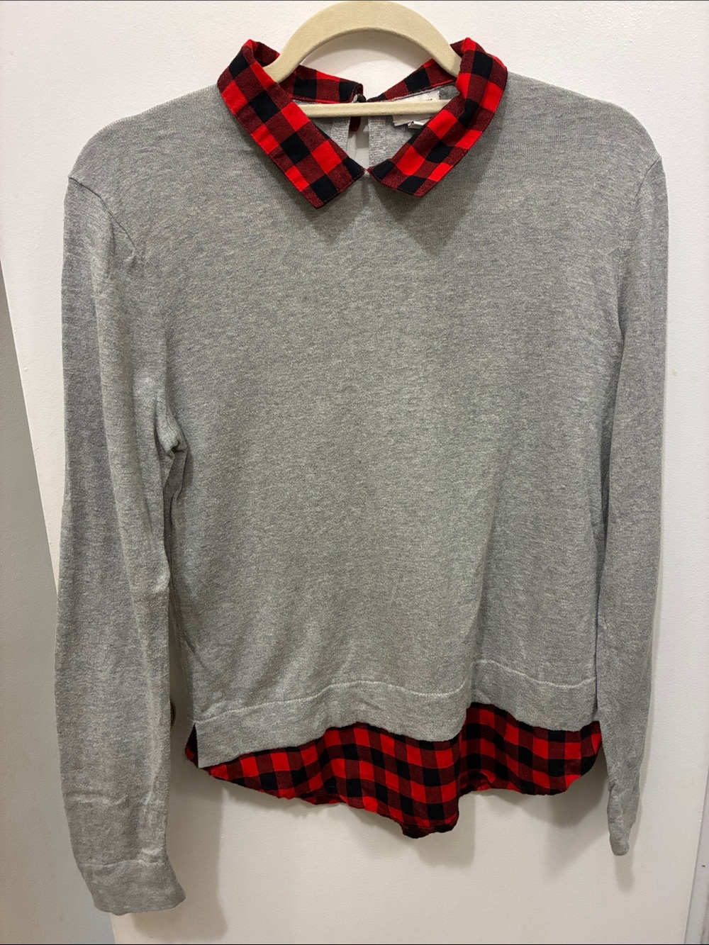J. Crew Grey Crewneck Sweater with Red & Black Buffalo Plaid Trim